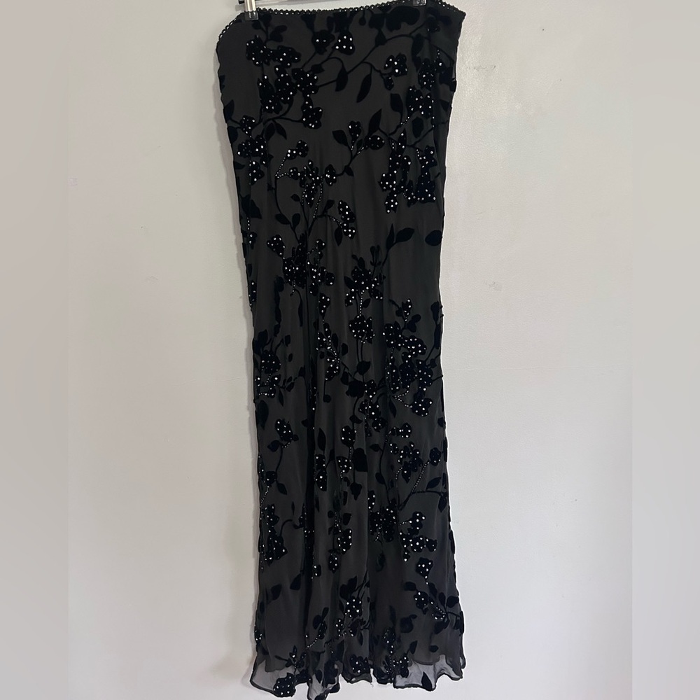 XSCAPE Black Velvet Burnout Silk Beaded Maxi Skirt 16 Formal Evening Wedding - Picture 7 of 15